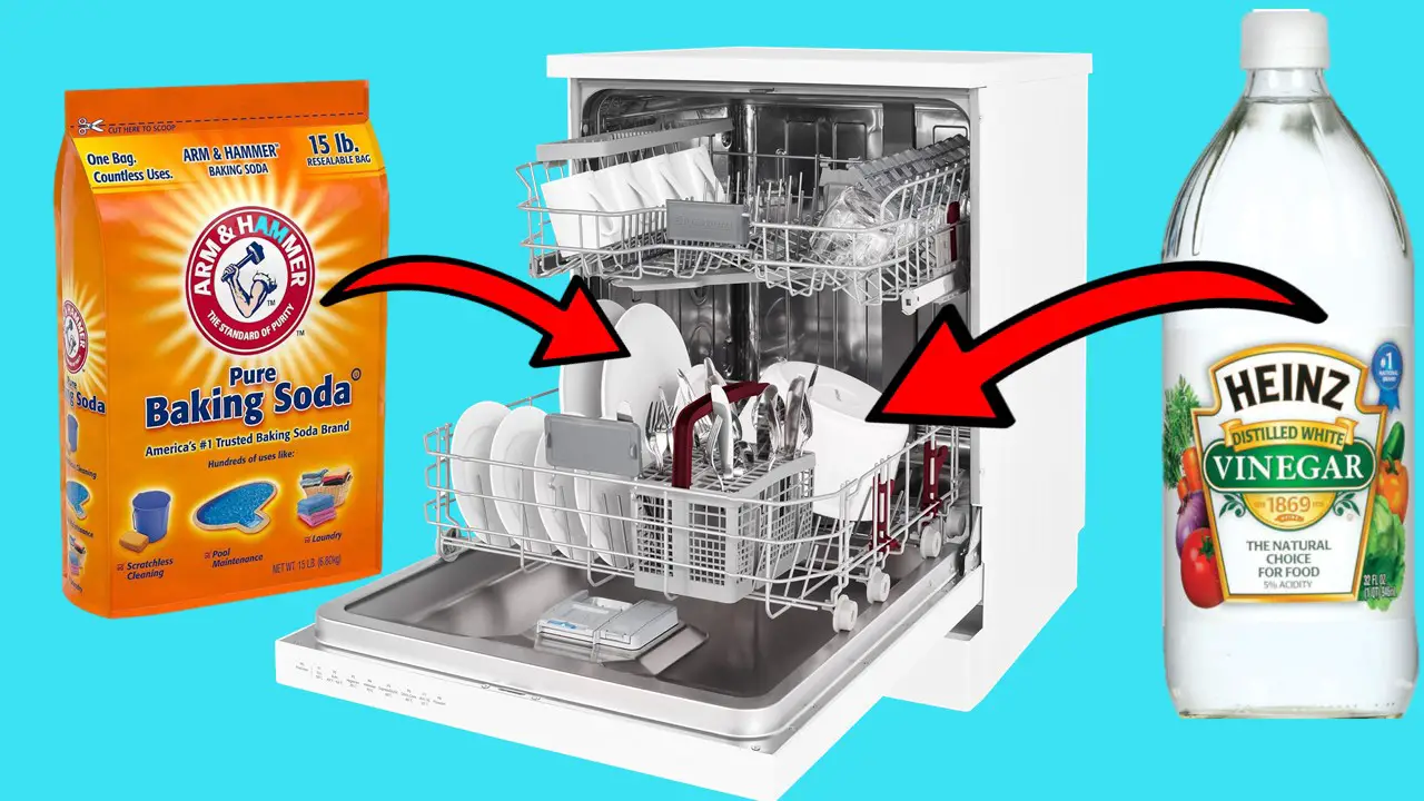 Can you put vinegar and baking soda in dishwasher at the same time?