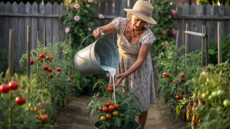 a gardener pouring milk from a metal small bucket onto the roots of a tomato plant with other tomato plants around it in a garden less