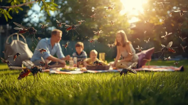 mosquitoes annoying people in a yard